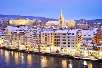 Картинка города цюрих+ швейцария вечер цюрих город декабрь зима огни