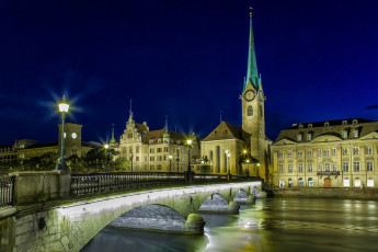 Картинка zurich города цюрих+ швейцария башня мост река ночь