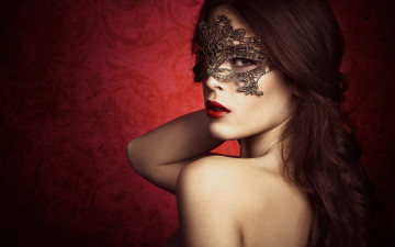 Картинка девушки -unsort+ лица +портреты девушка взгляд лицо маска помада красные губы волосы плечи фон