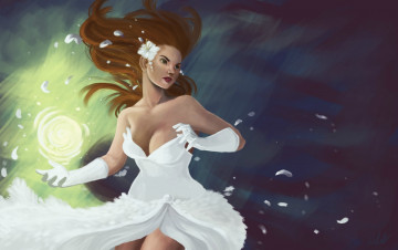 Картинка фэнтези девушки арт девушка белое платье взгляд волосы цветок перья шар