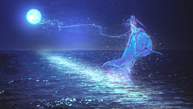 Обои картинки фото фэнтези, девушки, фантастика, арт, девочка, дельфин, море, ночь, нуна, небо, волны