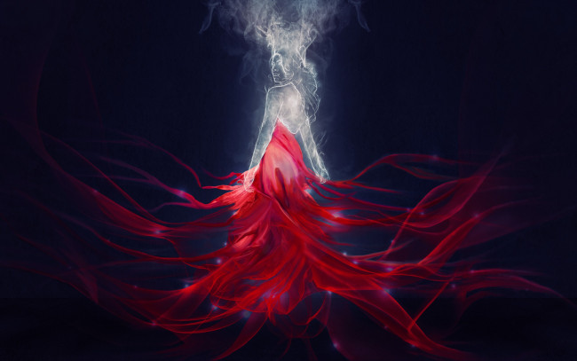 Обои картинки фото фэнтези, призраки, девушка, спина, дым, красное, платье, арт