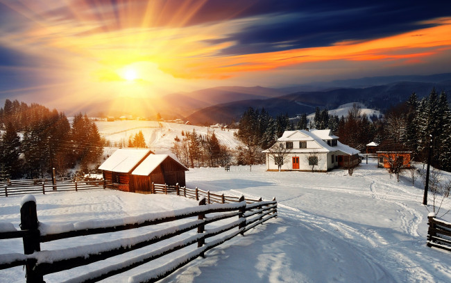 Обои картинки фото города, - пейзажи, снег, зима, snow, landscape, забор, деревня, winter, домики, солнце
