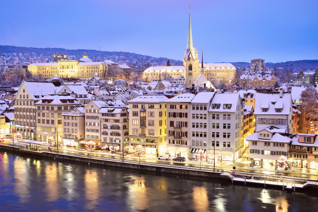 Обои картинки фото города, цюрих , швейцария, вечер, цюрих, город, декабрь, зима, огни