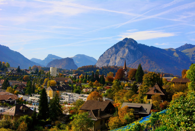 Обои картинки фото шпиц  швейцария, города, - пейзажи, дома, пейзаж, горы, шпиц, швейцария