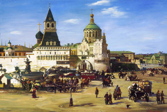 Картинка вид+на+лубянскую+площадь рисованное алексей+евстигнеев повозки люди здания дома столица москва