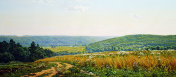 Картинка поля+и+леса+в+окрестностях+алексина рисованное андрей+герасимов река цветы деревья холмы поле трава дорога