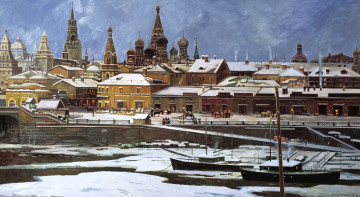 Картинка вид+на+кремль рисованное алексей+евстигнеев корабли зима река москва улица люди снег