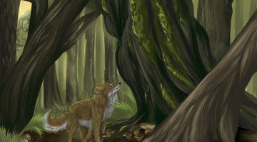 Картинка рисованное животные +волки лес взгляд волк фон