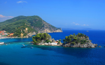 Картинка города -+пейзажи горы лодки острова panagia море греция