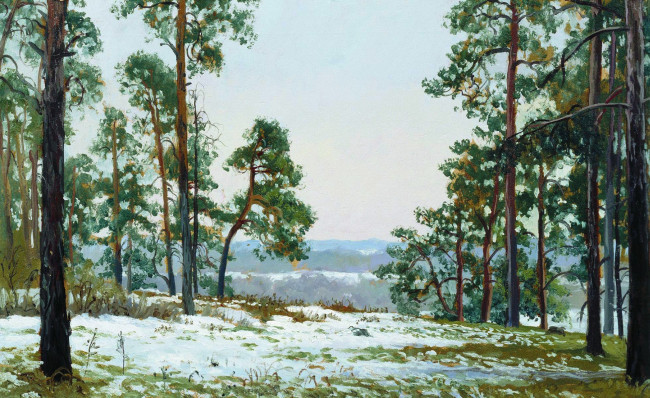 Обои картинки фото первый снег, рисованное, андрей герасимов, зима, лес, деревья, склон