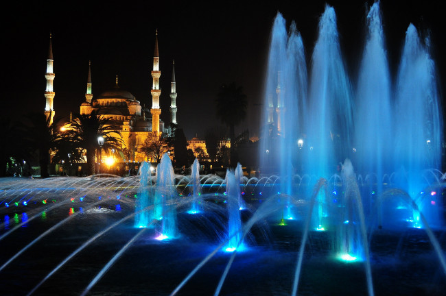 Обои картинки фото города, стамбул , турция, стамбул, ночь, огни, фонтан, мечеть, минарет, софия