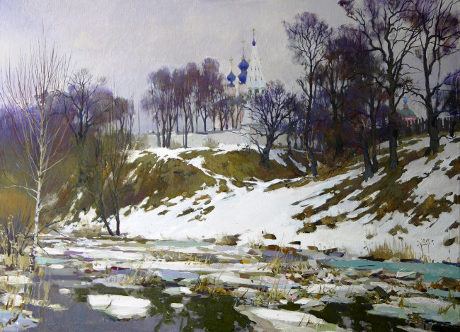 Обои картинки фото ледоход - зяблов Ярослав, рисованное, живопись, снег, церковь, лед, берег, деревья, склон, весна, река