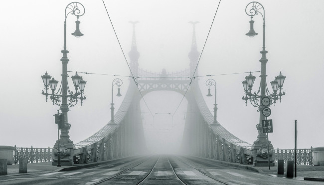 Обои картинки фото мост свободы через дунай,  будапешт, города, будапешт , венгрия, фонари, утро, туман, мост