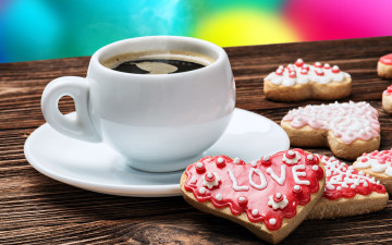 Картинка праздничные день+святого+валентина +сердечки +любовь кофе печенье сердце надпись