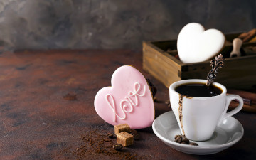 Картинка праздничные день+святого+валентина +сердечки +любовь кофе конфеты сердце надпись