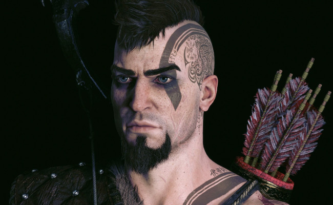 Обои картинки фото видео игры, god of war,  ragnarok, воин, тату, лицо, стрелы