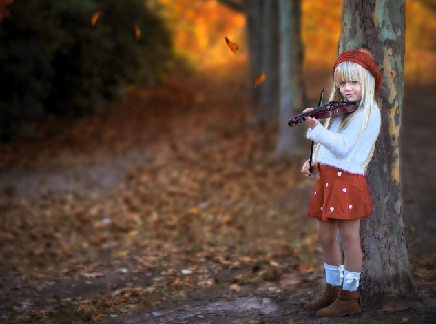 Обои картинки фото музыка, -другое, девочка, скрипка, осень