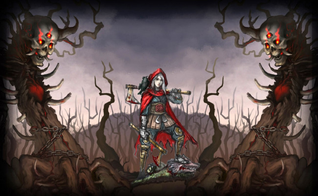 Обои картинки фото видео игры, akaneiro,  demon hunters, девушка, топоры, кровь, монстры