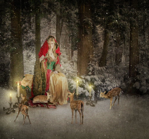 Обои картинки фото праздничные, разное, новый, год, лес, зима, снег, mrs, claus, свечи, олени, новогодняя, открытка