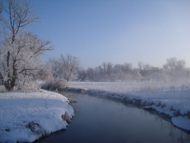 Обои картинки фото природа, зима, снег, река, утро