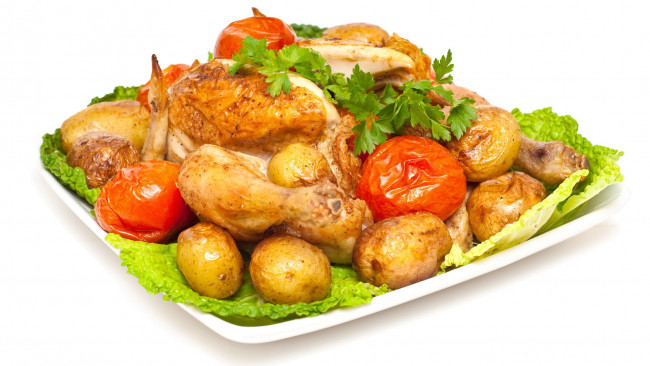 Обои картинки фото еда, мясные, блюда, помидоры, картофель, курица