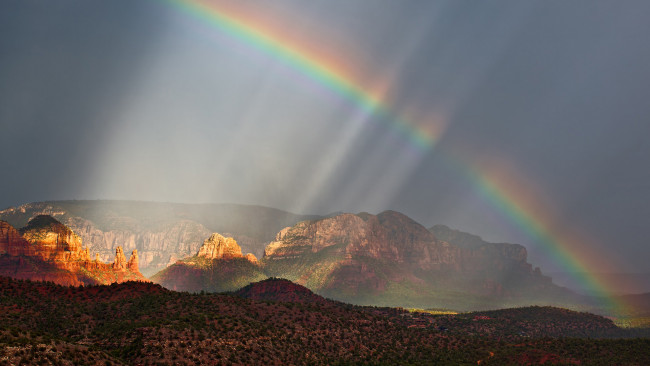 Обои картинки фото природа, радуга, свет, скалы, горы
