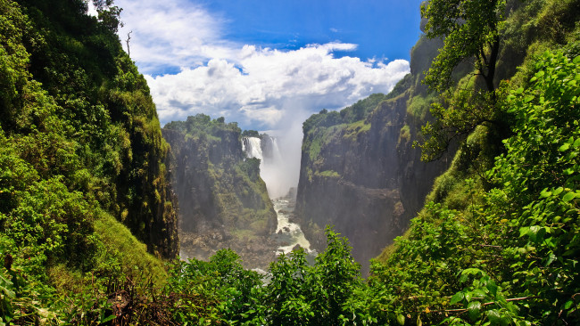 Обои картинки фото природа, водопады, водопад, виктория, victoria, falls, облака, небо, река, зелень, африка