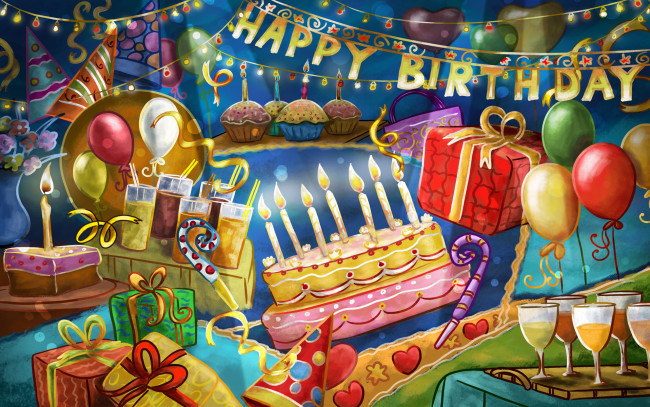 Обои картинки фото счастливого, дня, рождения, праздничные, день, подарки, торт, свечи, шары, бокалы