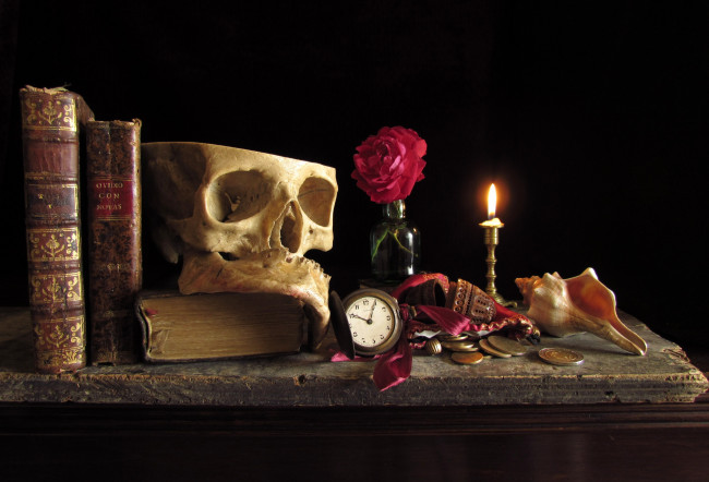 Обои картинки фото разное, кости, рентген, монеты, роза, натюрморт, ракушка, череп, книги, часы, свеча