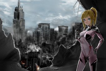 Картинка аниме mobile+suit+gundam небо огонь телефон дым костюм девушка руины hoshino fumina shijiu улицы город здания