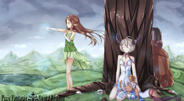 Картинка аниме pixiv+fantasia дерево небо трава грибы арт эльфы природа девушки рога ruki amemiya fantasia pixiv тучи