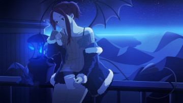 Картинка аниме ангелы +демоны арт дракон фонарь небо озеро chibiibiru горы чашка девушка ночь полумрак крылья