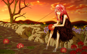 Картинка аниме guilty+crown небо цветы камни cilou деревья пруд платье yuzuriha inori девушка вода заколка клубок облака закат