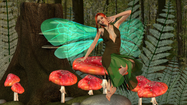 Обои картинки фото 3д графика, эльфы , elves, эльфийки, взгляд, фон, лес, грибы, папоротник, платье