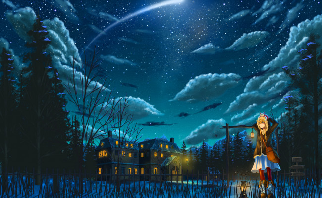 Обои картинки фото аниме, pixiv fantasia, девушка, арт, fantasia, nauimusuka, pixiv, звёзды, комета, ночь, улица, дома, огни, фонарь, деревья