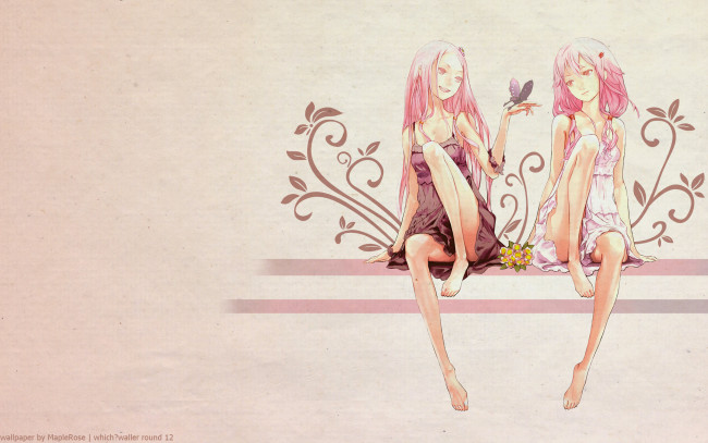Обои картинки фото аниме, guilty crown, ouma, mana, yuzuriha, inori, девушки, maplerose, redjuice, цветы, бабочка, платье, заколка