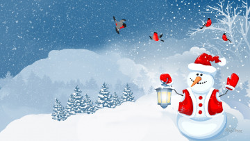 Картинка праздничные векторная+графика+ новый+год птицы снеговик
