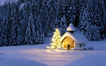 обоя праздничные, новогодние пейзажи, часовня, огни, ёлка, снег, лес
