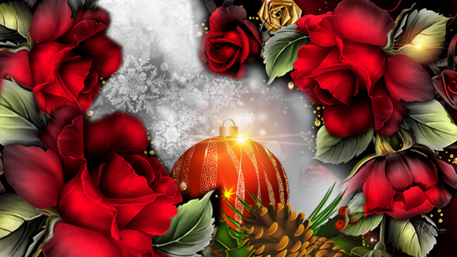 Обои картинки фото праздничные, векторная графика , новый год, шишки, шар, фон, лепестки, цветы