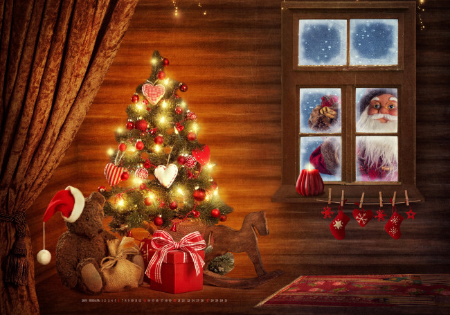 Обои картинки фото календари, праздники,  салюты, медведь, игрушка, окно, гирлянда, елка
