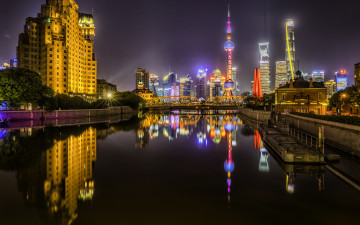 Картинка города шанхай+ китай телебашня шанхай архитектура ночной город небоскребы современные здания восточная жемчужная башня