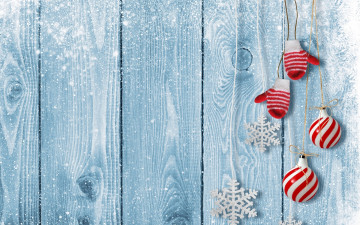 обоя праздничные, - разное , новый год, шарики, снег, доски, варежки, снежинки