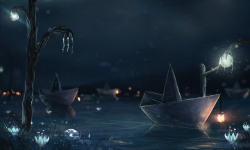 Картинка фэнтези существа бумажные кораблики вода ночь фонарь