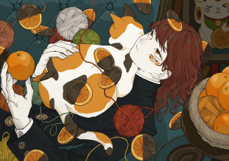Картинка аниме животные +существа кот пиджак клубки апельсины