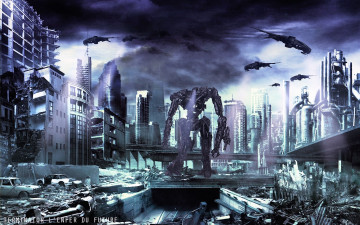 Картинка фэнтези иные+миры +иные+времена терминатор робот оружие город война