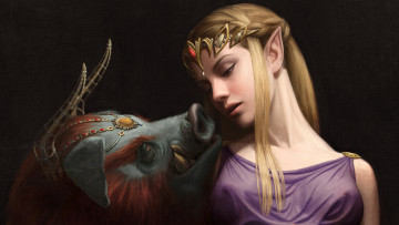 Картинка фэнтези красавицы+и+чудовища девушка фон диадема кабан рога клыки
