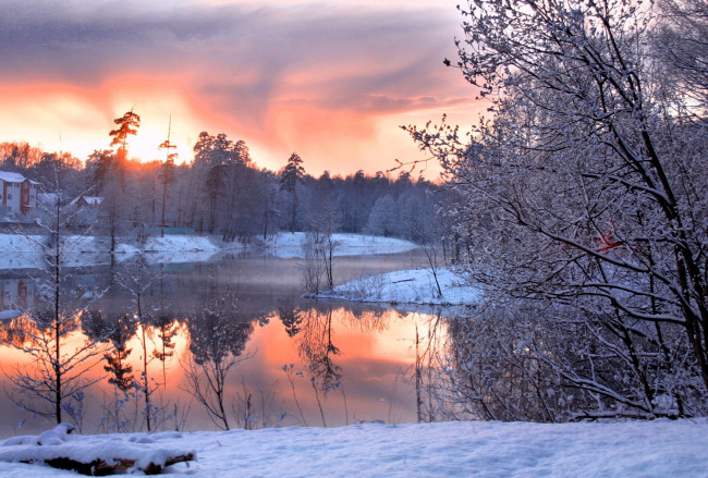 Обои картинки фото природа, реки, озера, деревья, лес, снег, река