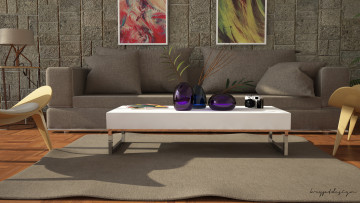 Картинка 3д+графика realism+ реализм подушки диван комната ваза картины стол