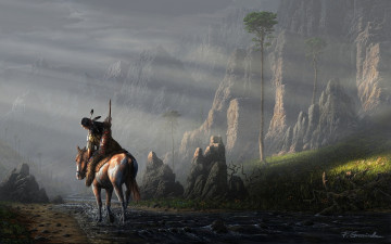 Картинка фэнтези всадники +наездники колчан камни горы стрелы река лук лошадь индеец